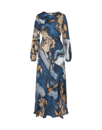 ELATION: Maxi-length dress in navy and gold ‘Agate’ printed creponne