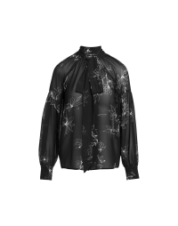 PERCEPTION: Camicia con collo annodabile in georgette nero con stampa di foglie 