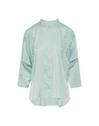 WAKING: Stand collar shirt in aqua satin and lace