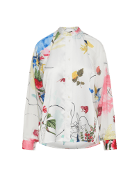 REQUITE: Ivory stand collar shirt in technical satin with floral print