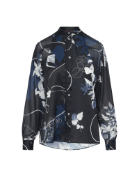 REQUITE: Navy stand collar shirt in technical satin with floral print