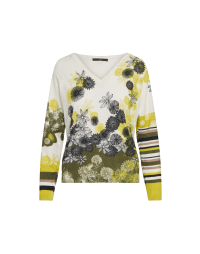 ENCHANT: V-neck ivory sweater with graphic floral print in lime green, black and green