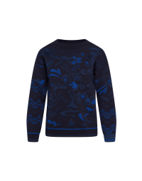 INFLUENCER: Boxy shape sweater in navy, electric blue and mid blue curlicue pattern