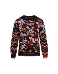 INFLUENCER: Boxy shape sweater in black, red, pink and orange curlicue pattern