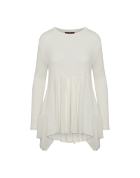TOPSY-TURVY: Ivory sweater with technical satin inserts and handkerchief hem