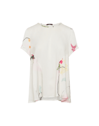 PERFECT: Flare-out top in white jersey and floral printed satin