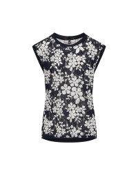 SKIM: Sleeveless top in navy and ivory floral lace, georgette and jersey