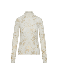 LOGICAL: Ivory turtleneck top in lace jersey with gold floral over-print