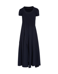 TEASE: Short sleeve dress in spiralling panels of navy jersey
